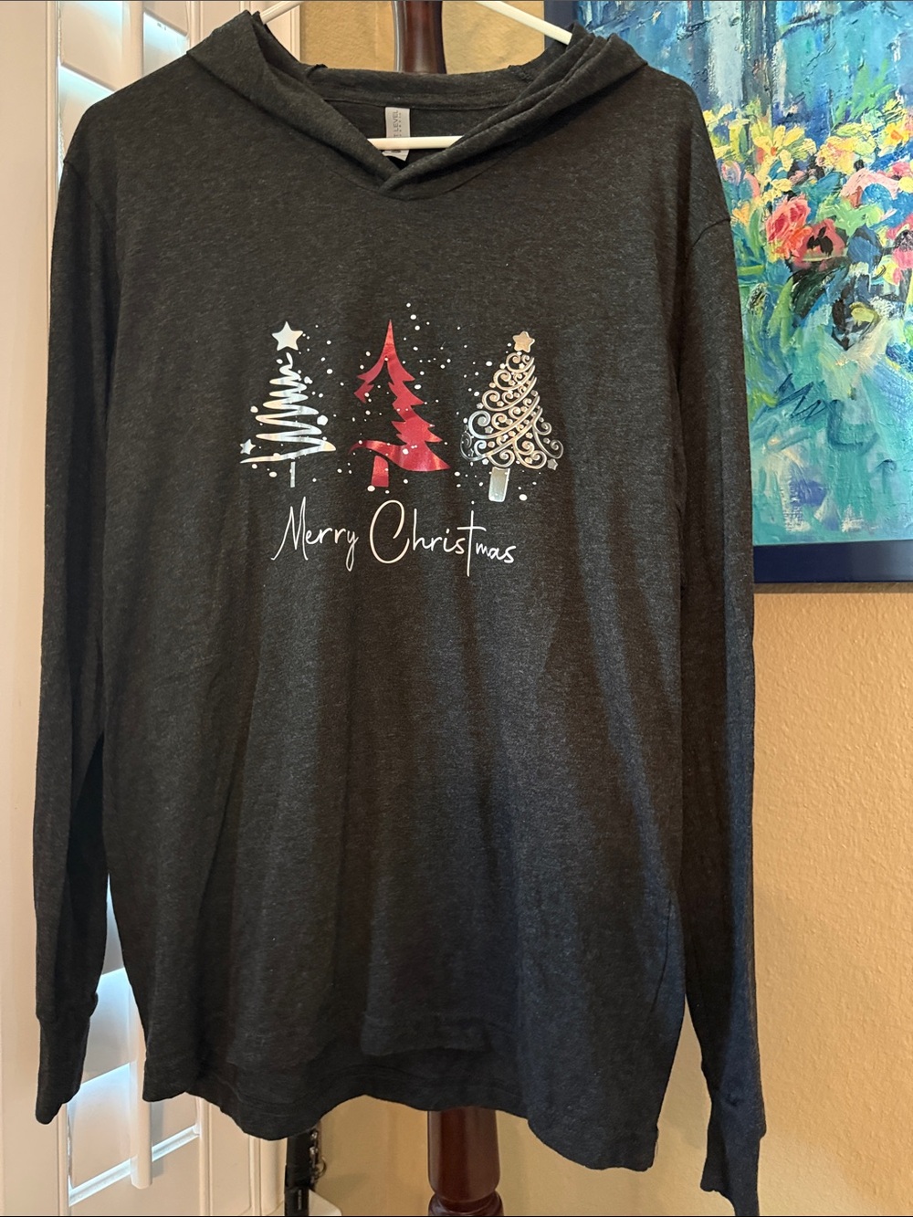 Next Level Apparel Charcoal Tee Hoodie with Red and Silver Christmas Trees